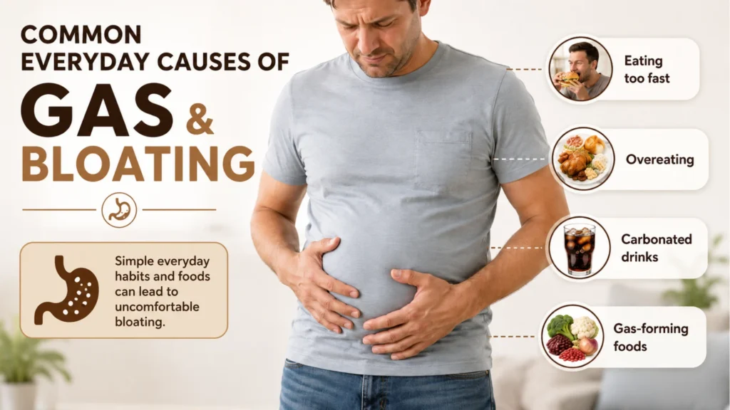 What Causes Gas And Bloating? Treatments and Prevention 2 Common everyday causes of gas and bloating including overeating, carbonated drinks, eating too fast, and gas-forming foods