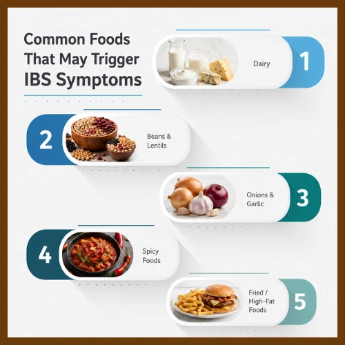 Common foods that may trigger IBS symptoms, including dairy products, beans, onions, garlic, spicy foods, and fried foods.
