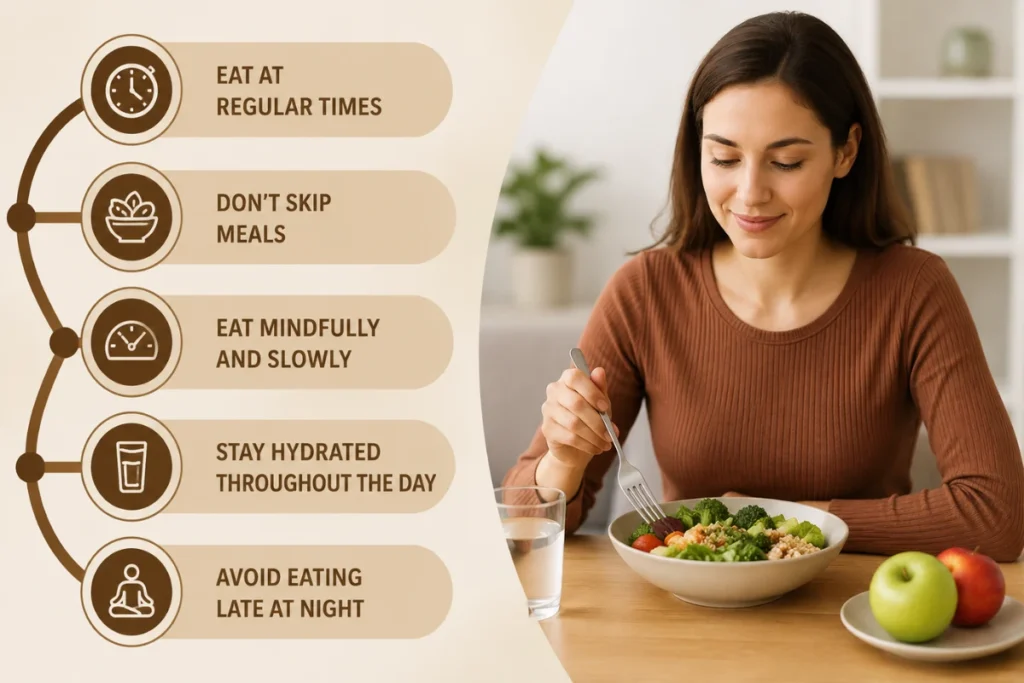 Healthy eating habits for IBS management including regular meals, mindful eating, hydration, and avoiding late-night meals.