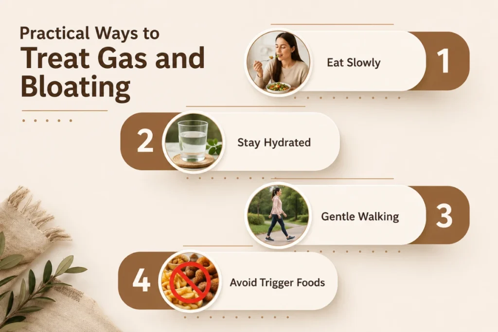 What Causes Gas And Bloating? Treatments and Prevention 3 Practical ways to treat gas and bloating with healthy habits like slow eating, staying hydrated, walking, and avoiding trigger foods