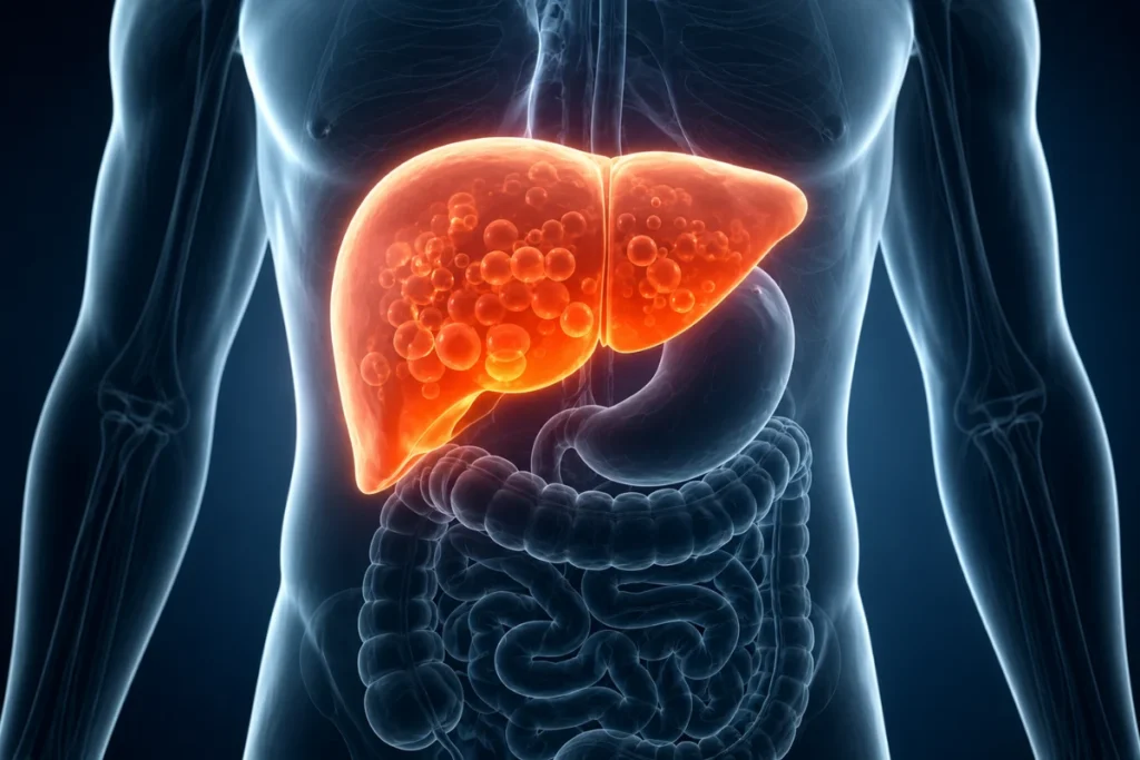 The Link Between Obesity and Digestive System Diseases 2 Medical illustration of fatty liver associated with excess body weight