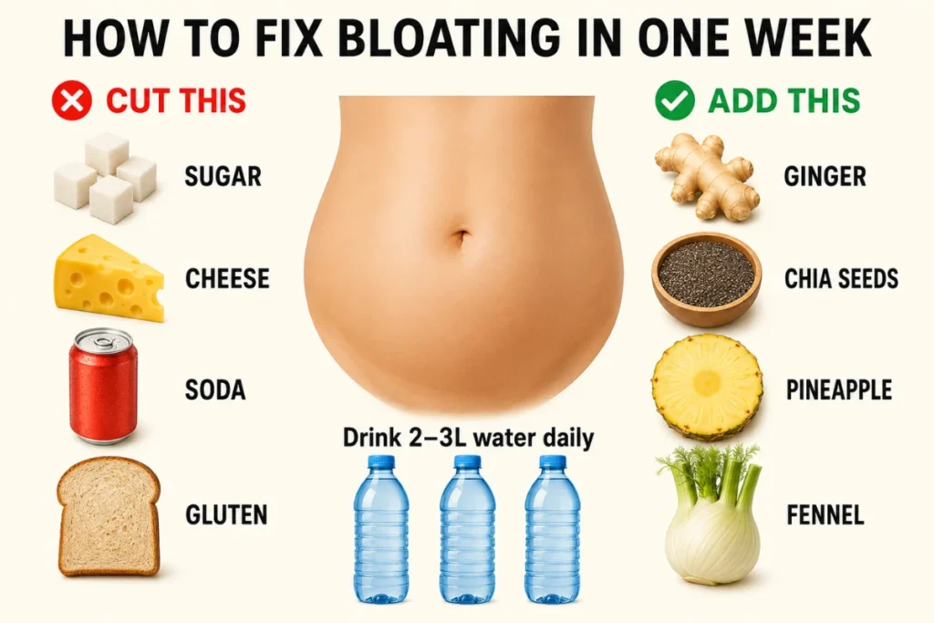 An educational graphic titled "How to Fix Bloating in One Week," featuring a central illustration of a bloated abdomen with daily water intake recommendations, flanked by foods to cut out—such as sugar, cheese, soda, and gluten—and beneficial foods to add, including ginger, chia seeds, pineapple, and fennel.