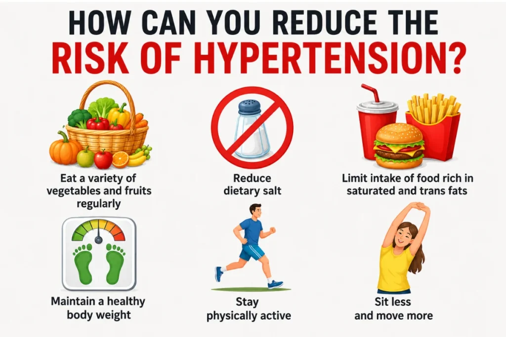 Why Colon Cancer Is Rising in People Under 50 in the UAE 3 An infographic detailing six lifestyle recommendations to reduce the risk of hypertension, including dietary tips, weight management, and physical activity advice.