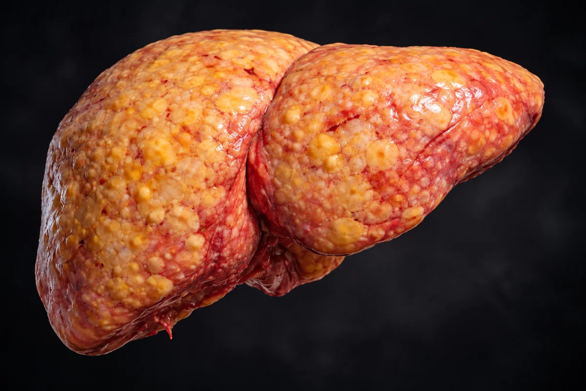 A detailed 3D illustration displaying a liver with severe fatty infiltration and yellowish fat deposits.