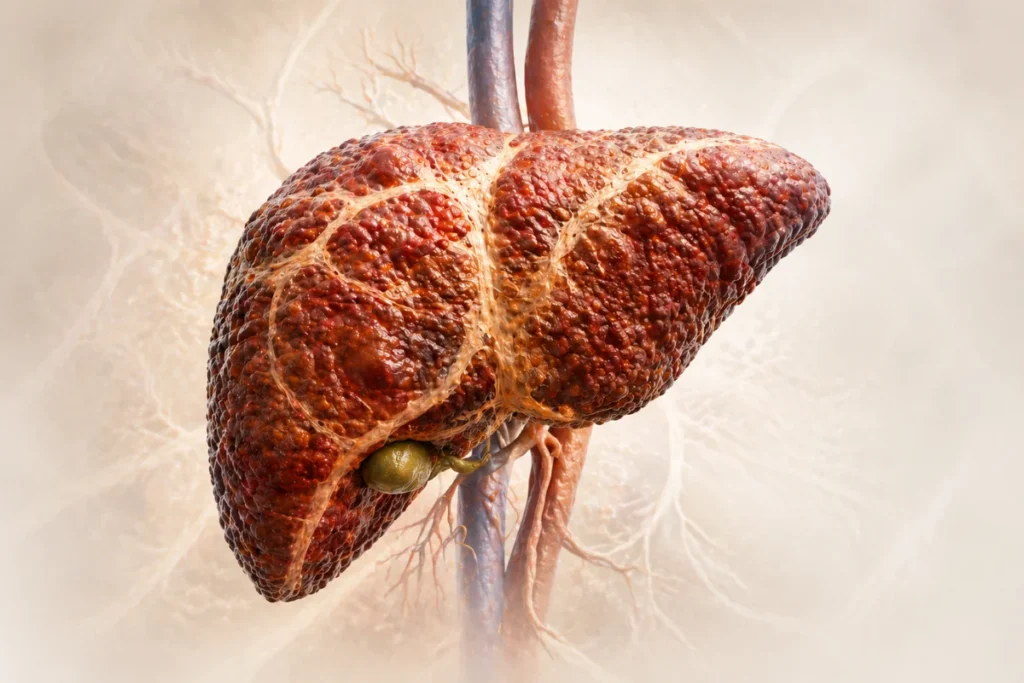A 3D anatomical rendering showing a human liver affected by advanced fibrosis and scarring.