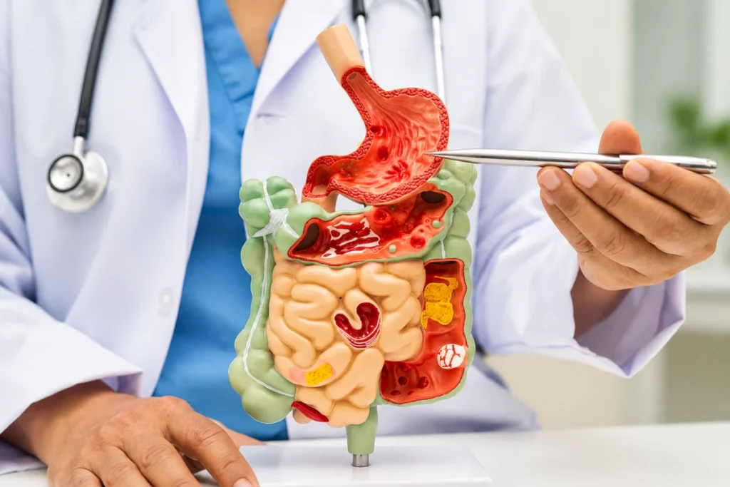 A doctor holding a pen and pointing to a detailed anatomical model of the human digestive tract and stomach.